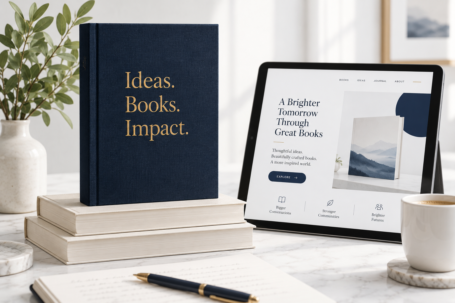 Navy book, publishing website on a tablet and books on a bright desk