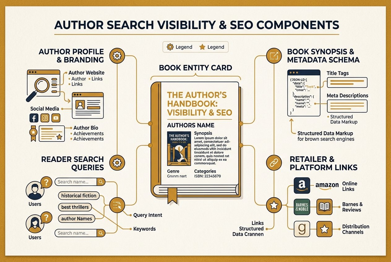 Infographic illustrating author SEO components including entity schema, metadata, and reader search intent