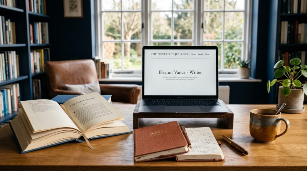 Author writing desk with laptop showing website and books in warm natural light