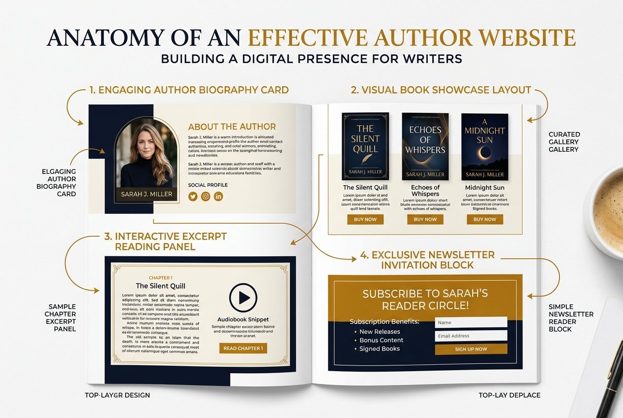 Editorial diagram showing the essential components of an effective author website