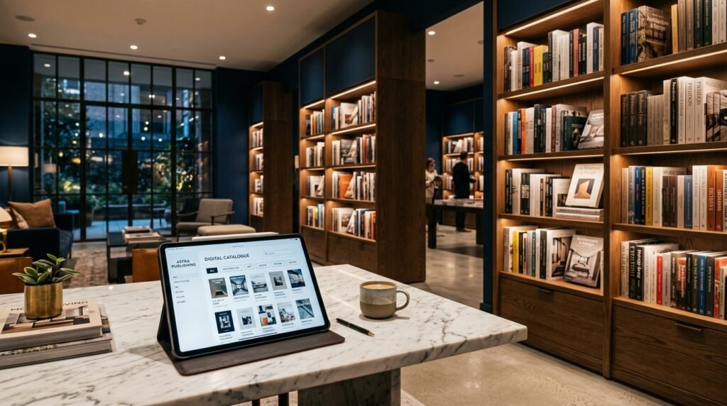 Modern publishing house library showroom with tablet showing digital book catalogue