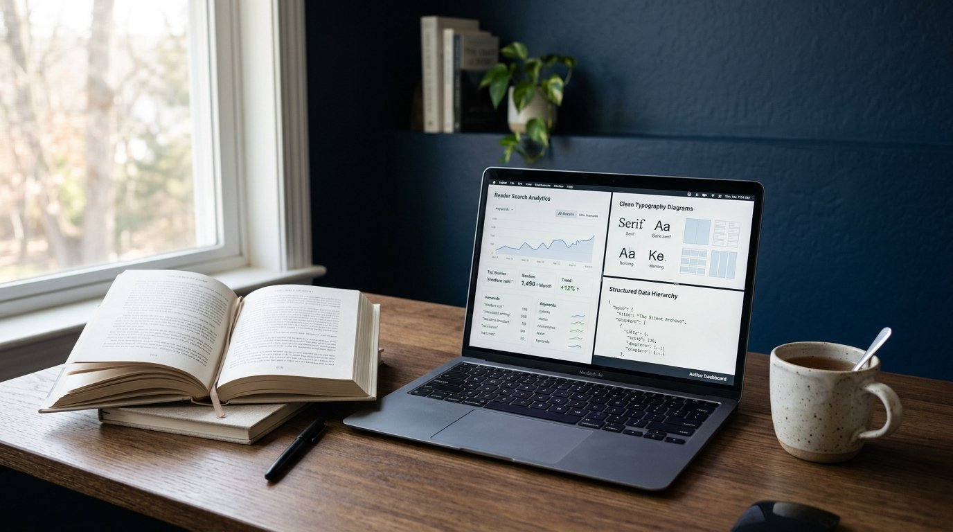 Minimalist author workspace desk with book and laptop displaying search discoverability analytics